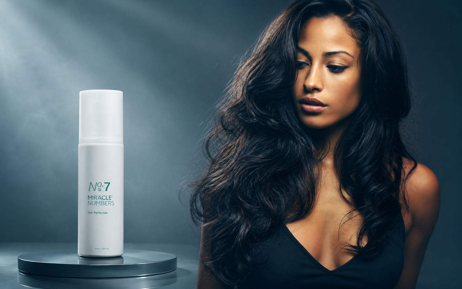 Miracle Numbers No.7 Hair Perfection serum, dalgalı saçlı model ile